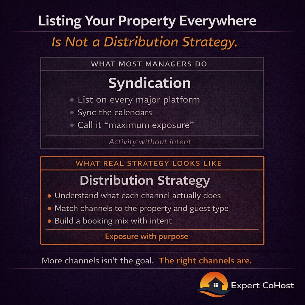 Listing a vacation rental on every platform is syndication, not strategy — real distribution means understanding what each channel actually does for your property